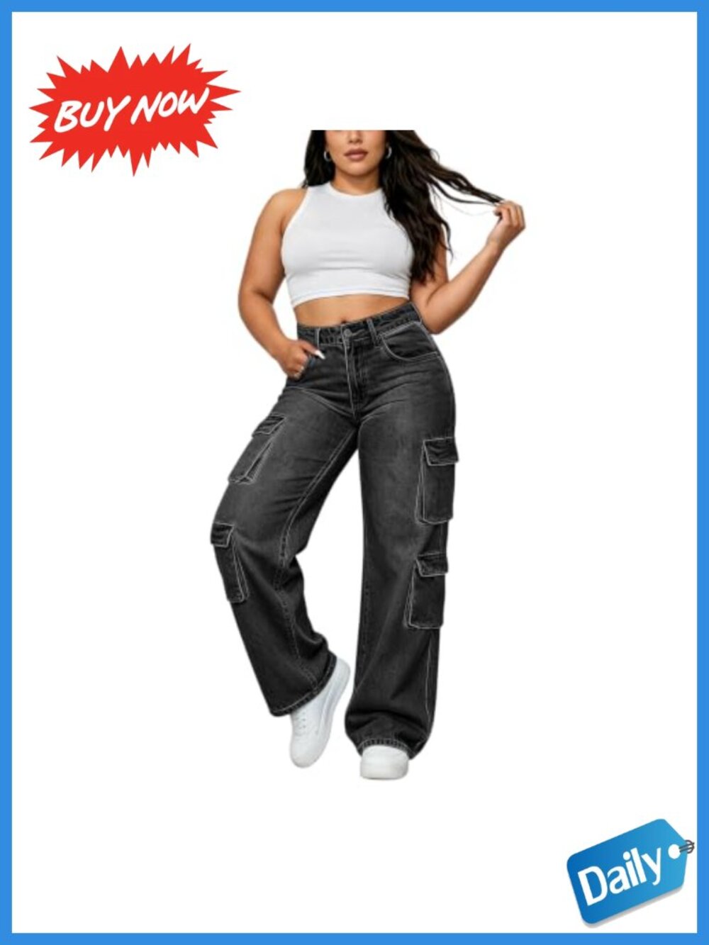 Womens Plus Size Cargo Jeans Stretch Straight Leg High Waist Baggy Boyfriend